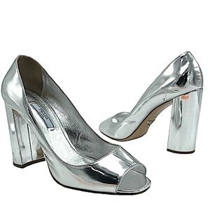 Prada Women's Metallic Chrome Silver Leather Open Peep-Toe Pumps size 7